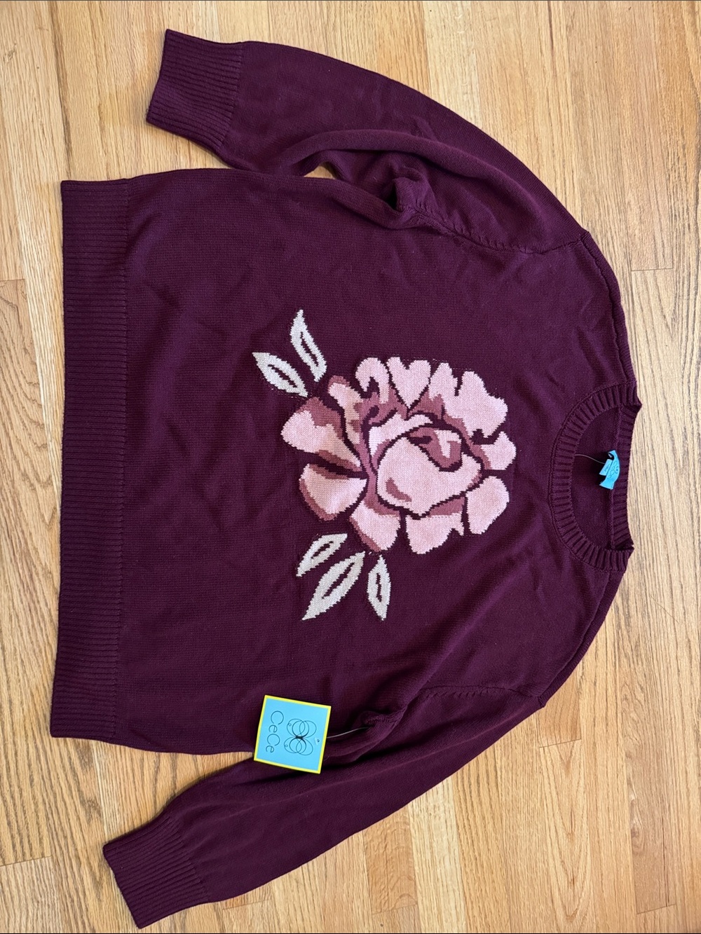 Women's Burgundy Floral Crewneck Sweater by CeCe